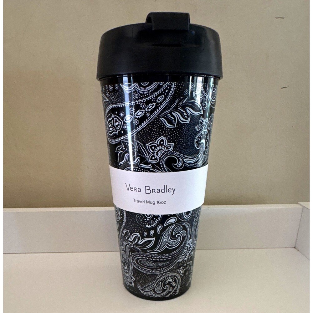Vera Bradley Travel Mug Black/White Stellar Paisley 16 oz BPA-Free NEW